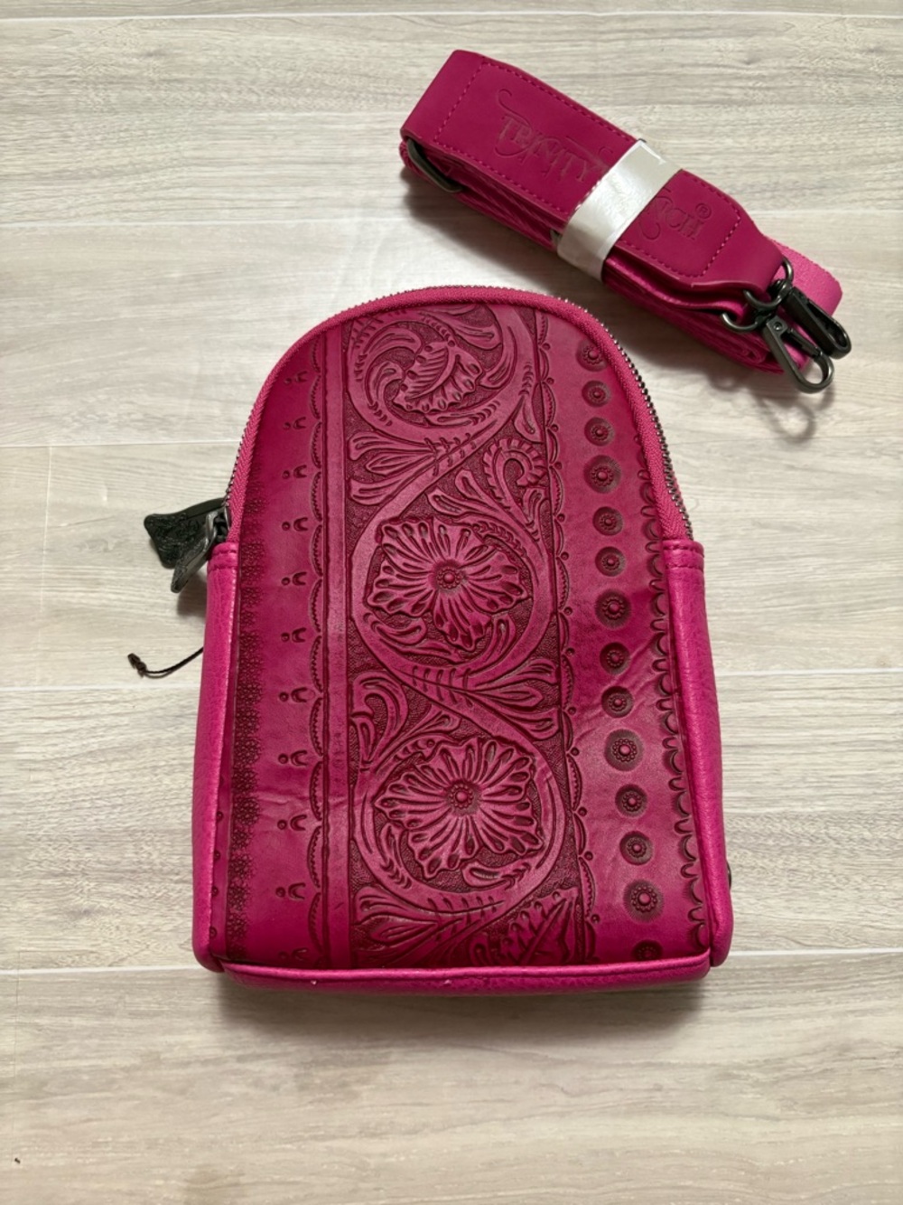 Trinity Ranch Hot Pink Floral Tooled Sling Bag